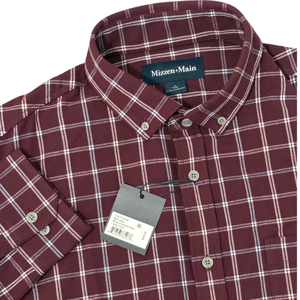 Mizzen+Main Mens Large Perd City‎ Flannel Button Down Shirt Wine Richard Plaid